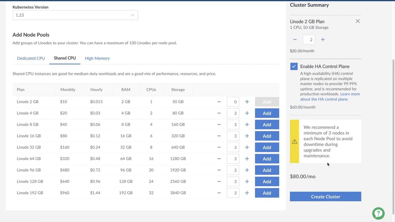 The image shows a cloud service interface for configuring Kubernetes clusters, including options for selecting node pools with different plans based on RAM, CPUs, and storage. It also includes a cluster summary with pricing details and a recommendation for a minimum number of nodes.