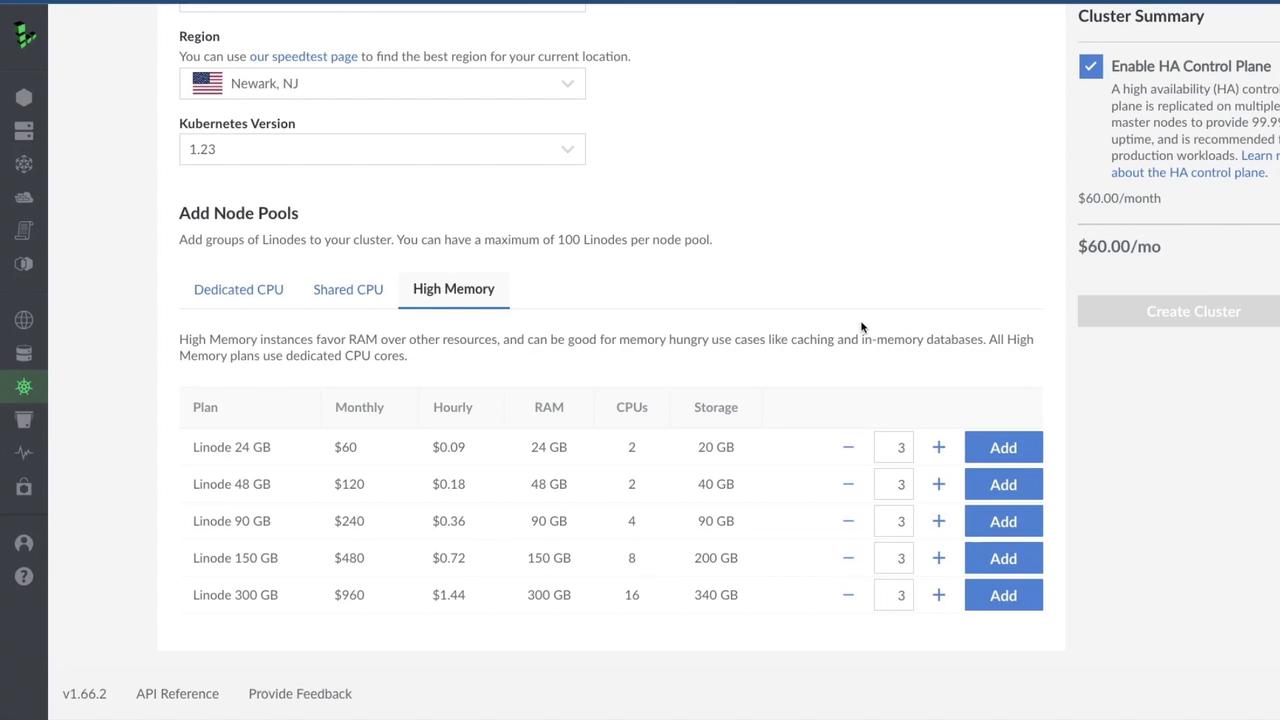 The image shows a web interface for configuring a Kubernetes cluster, including options for selecting a region, Kubernetes version, and adding high memory node pools with various plans and pricing.