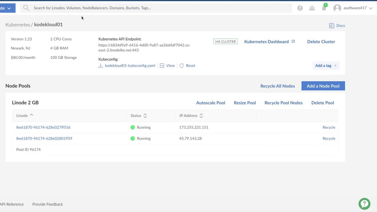The image shows a Kubernetes management dashboard for a cluster named "kodekloud01," displaying details like version, CPU cores, RAM, and node pool status with IP addresses.
