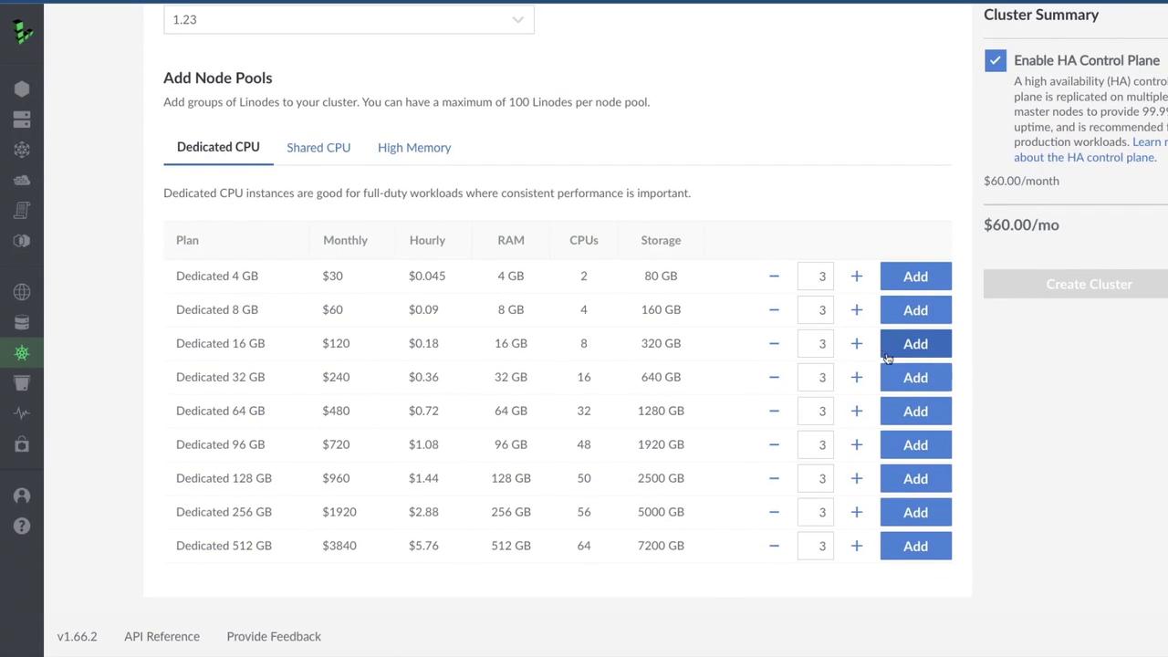 The image shows a web interface for adding node pools to a cluster, displaying various dedicated CPU plans with details on pricing, RAM, CPUs, and storage. There is also a cluster summary on the right with an option to enable a high availability control plane.