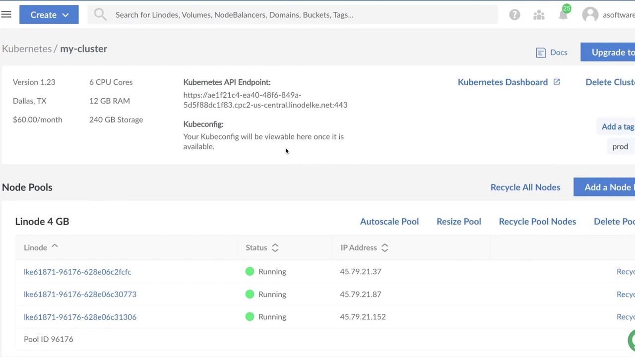 The image shows a Kubernetes cluster management interface with details about a cluster named "my-cluster," including its version, location, resources, and node pool status. It also displays options for managing nodes and accessing the Kubernetes API endpoint.