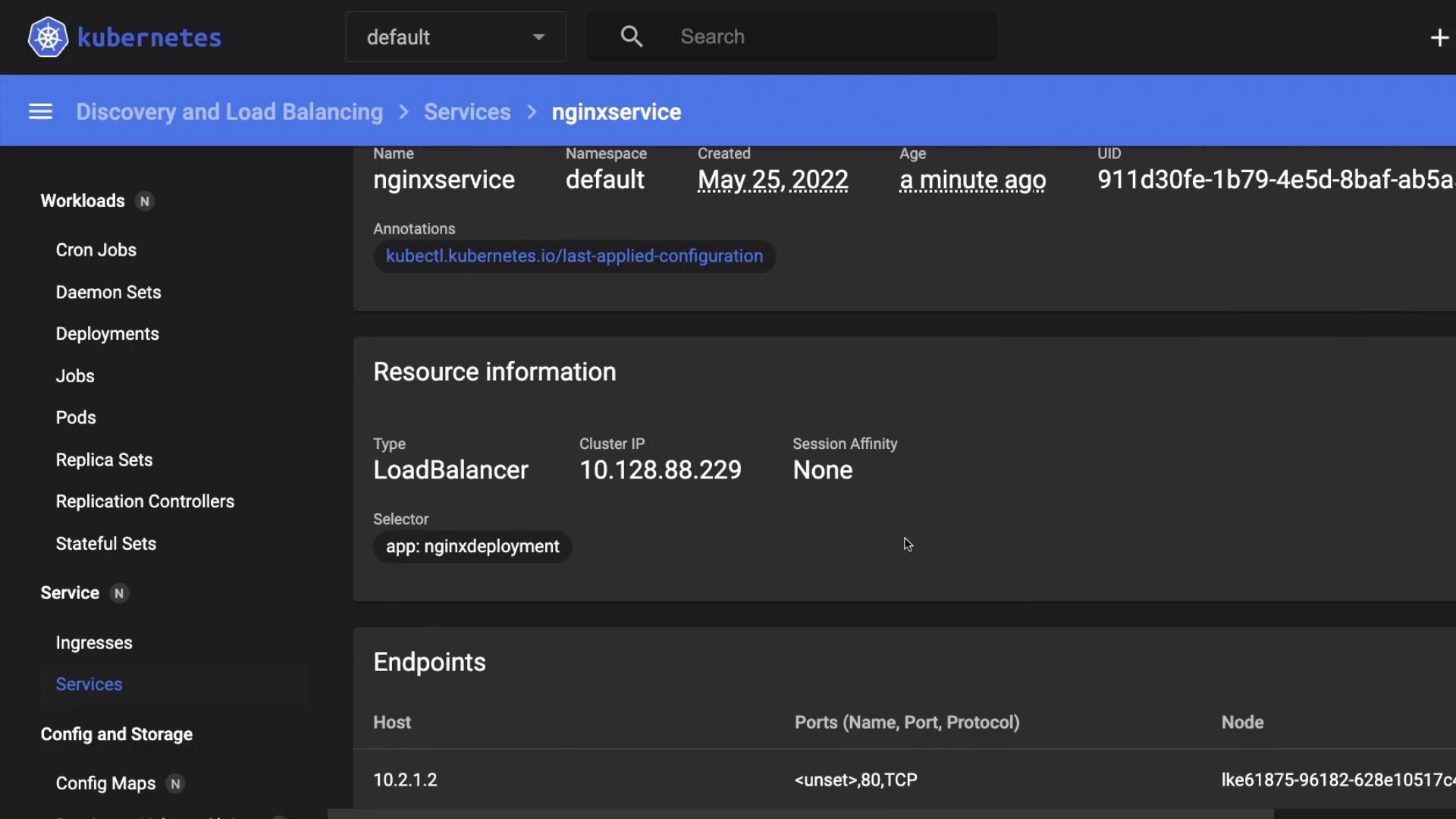 The image shows a Kubernetes dashboard displaying details of a service named "nginxservice," including its type as a LoadBalancer, cluster IP, and endpoints. The interface also lists various Kubernetes resources like Workloads, Services, and Config Maps.