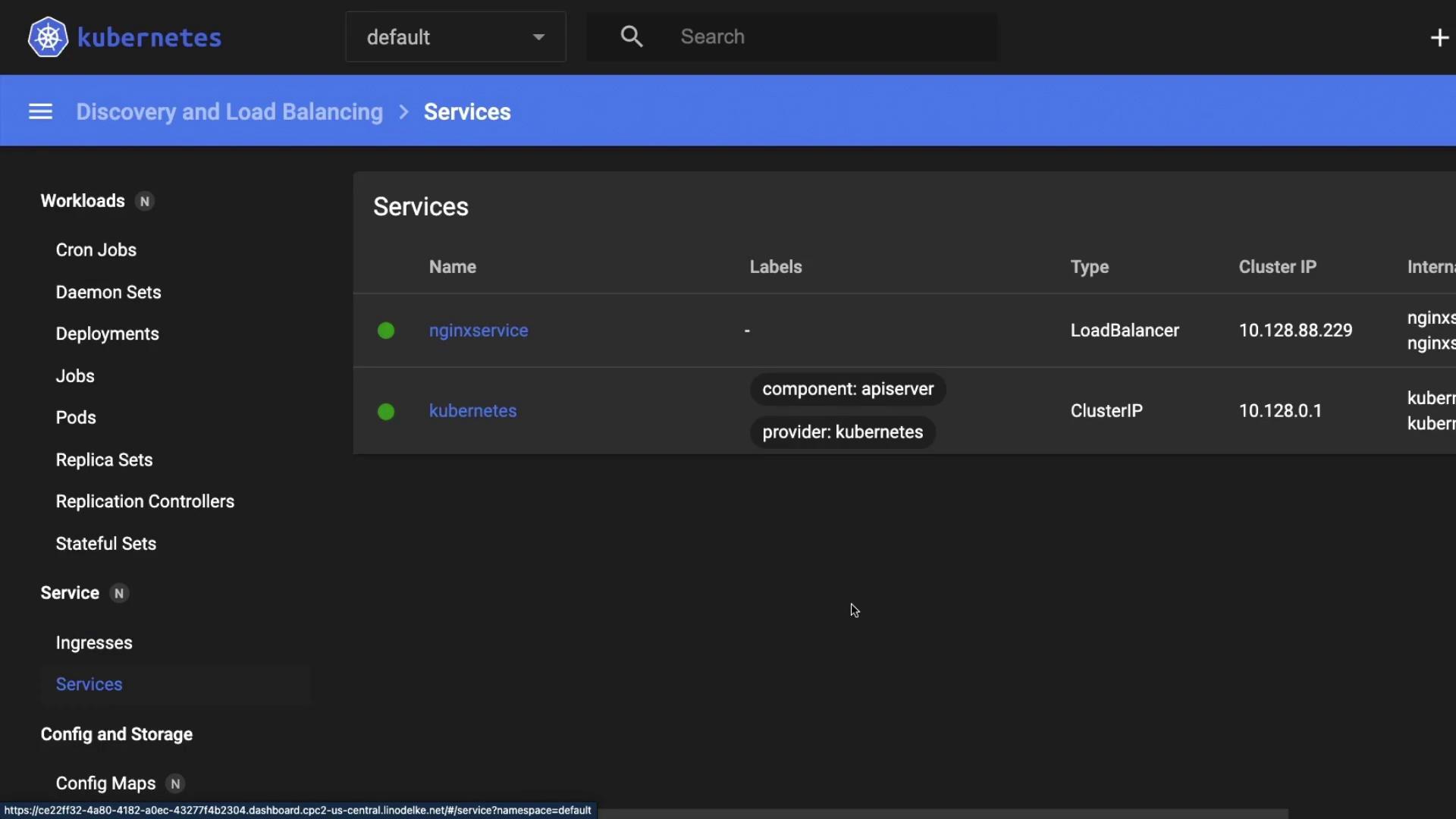 The image shows a Kubernetes dashboard displaying services, including "nginxservice" and "kubernetes," with details like type and IP addresses. The sidebar lists various Kubernetes resources such as Workloads and Config Maps.