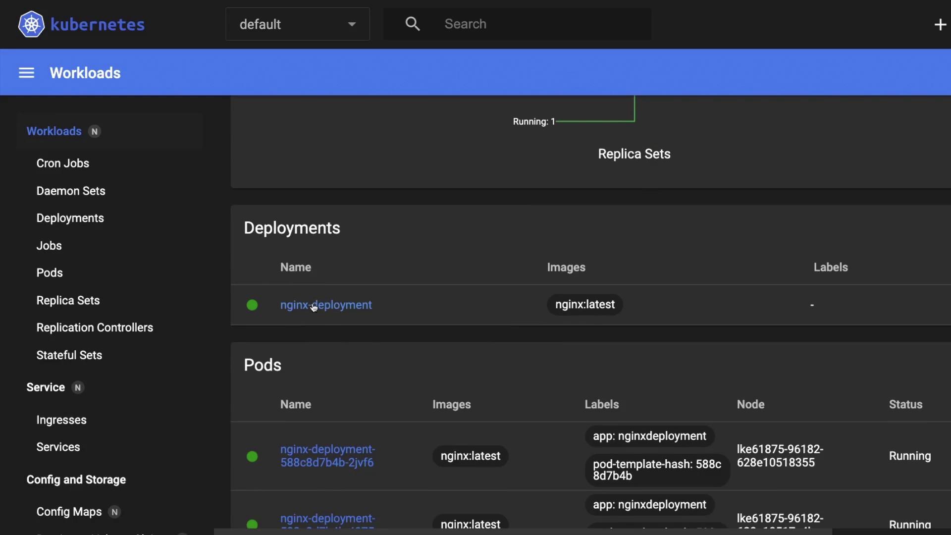 The image shows a Kubernetes dashboard displaying workloads, including deployments and pods, with details about an Nginx deployment. The interface lists various Kubernetes resources like Cron Jobs, Daemon Sets, and Replica Sets.