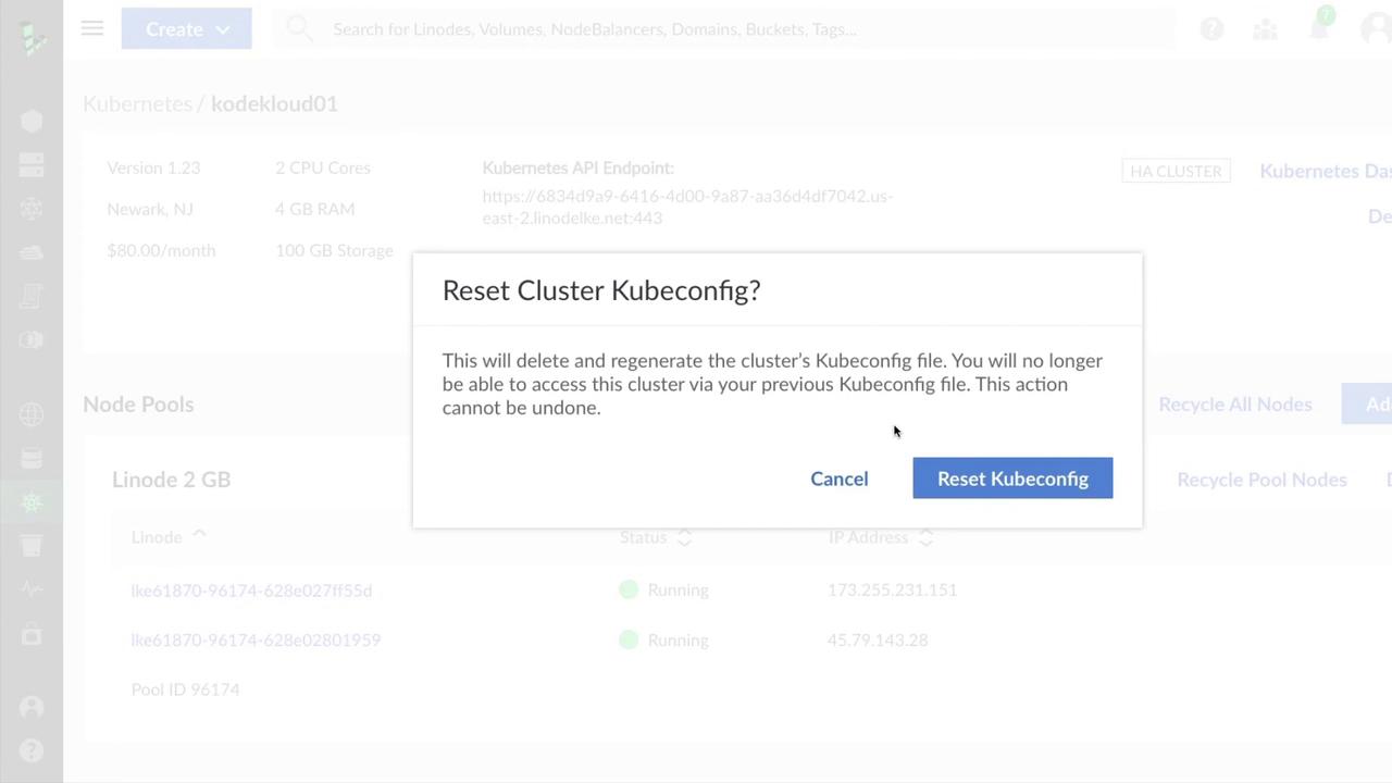 The image shows a confirmation dialog box asking if the user wants to reset the cluster Kubeconfig, warning that this action will delete and regenerate the file and cannot be undone. There are options to "Cancel" or "Reset Kubeconfig."