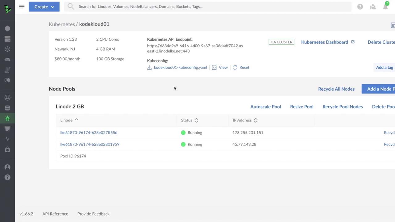 The image shows a Kubernetes cluster management interface with details about a cluster named "kodekloud01," including its version, resources, and node pool status. Two nodes are listed, both running with their respective IP addresses.