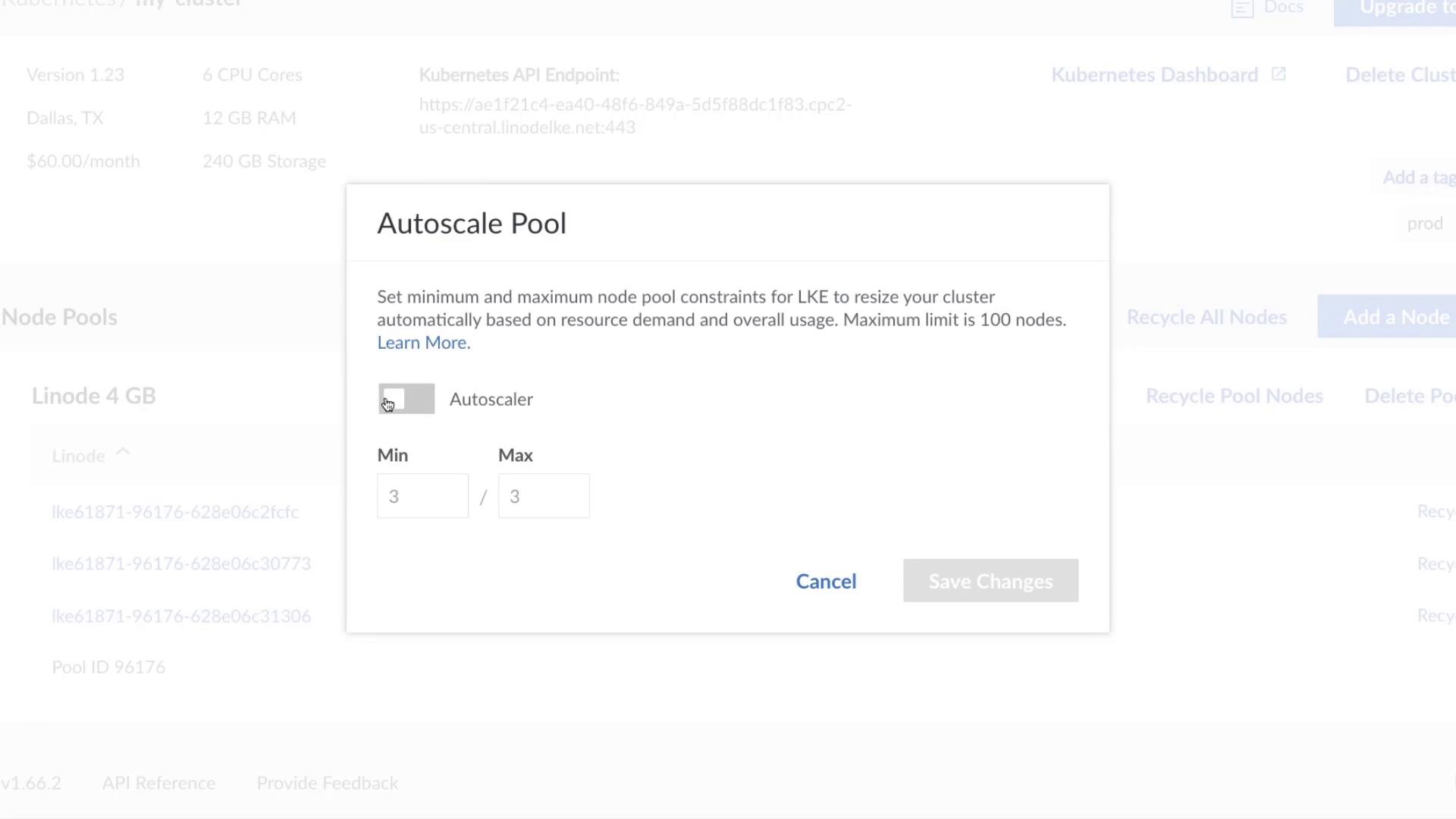 The image shows a dialog box titled "Autoscale Pool" with options to set minimum and maximum node pool constraints for LKE, including a checkbox for "Autoscaler" and fields for "Min" and "Max" values.