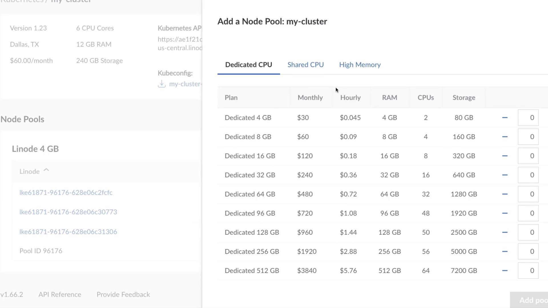The image shows a pricing table for adding a node pool to a Kubernetes cluster, listing options for dedicated CPU plans with varying RAM, CPU, and storage specifications, along with their monthly and hourly costs.