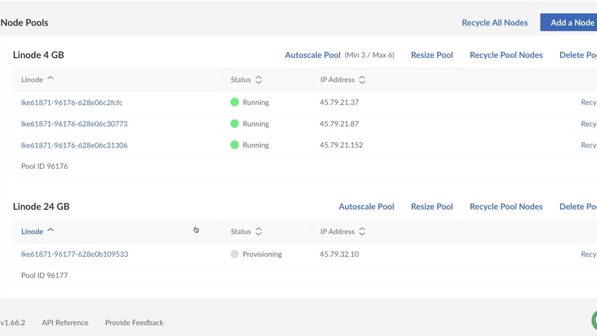The image shows a dashboard for managing node pools, displaying the status and IP addresses of nodes in "Linode 4 GB" and "Linode 24 GB" pools. The "Linode 4 GB" nodes are running, while the "Linode 24 GB" node is provisioning.