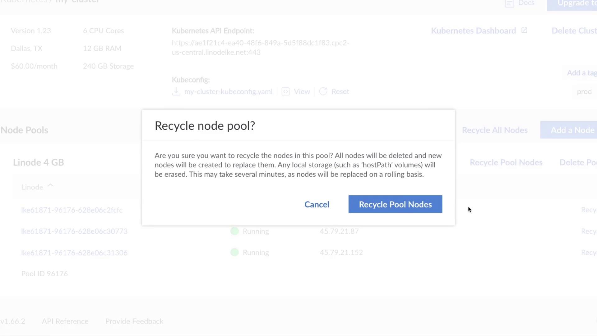The image shows a confirmation dialog box asking if the user wants to recycle a node pool, with options to cancel or proceed with recycling the pool nodes.