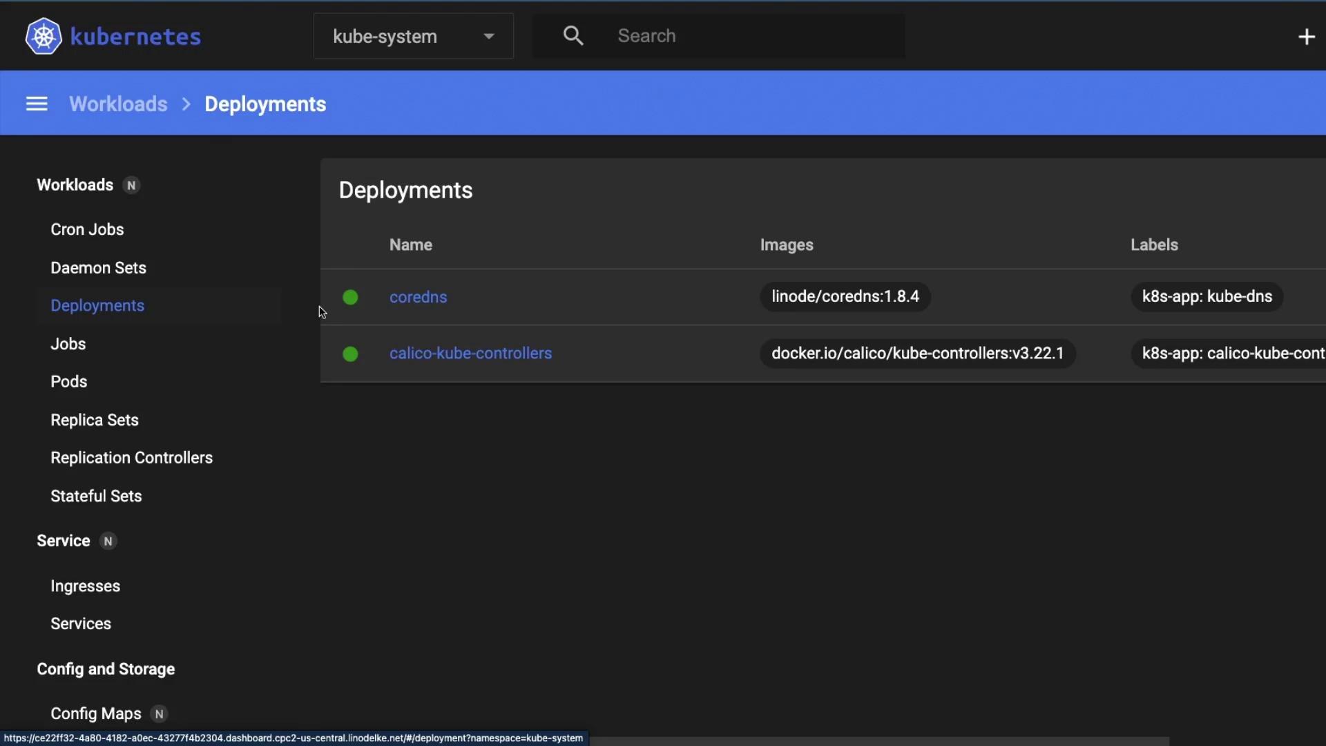The image shows a Kubernetes dashboard displaying the "Deployments" section, listing two deployments: "coredns" and "calico-kube-controllers," along with their respective images and labels.