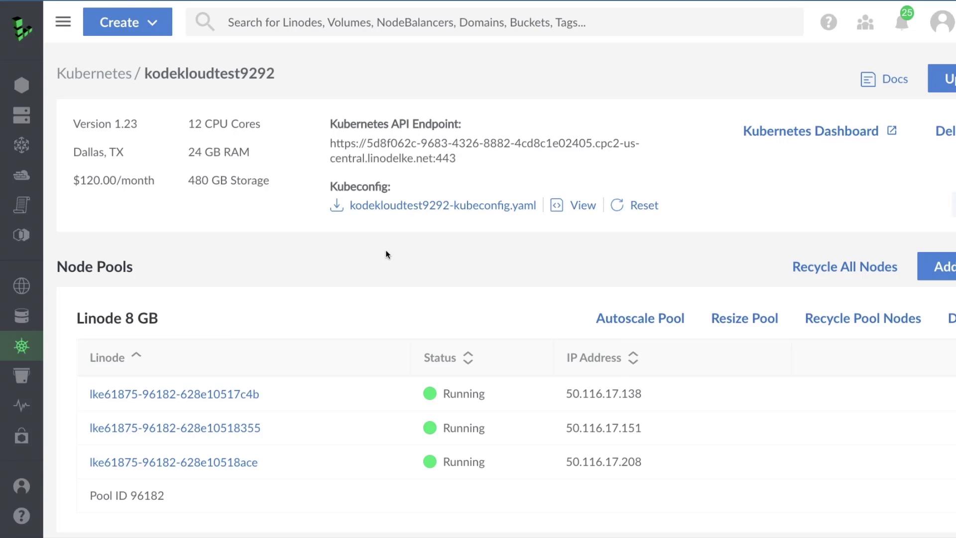 The image shows a Kubernetes management dashboard displaying details of a cluster named "kodekloudtest9292," including version, resources, and node pool status. It lists nodes with their status as "Running" and associated IP addresses."