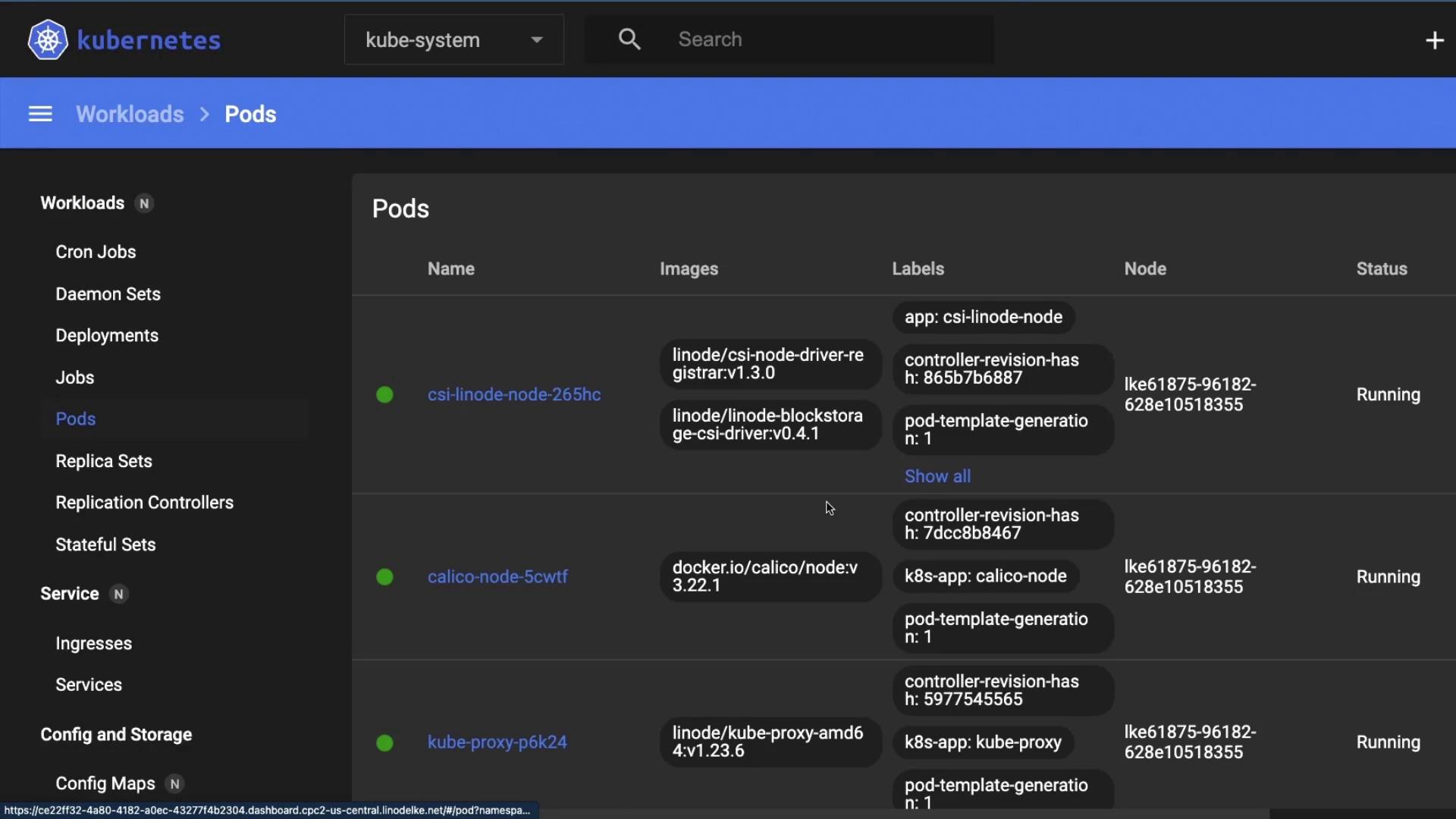 The image shows a Kubernetes dashboard displaying a list of running pods with details such as names, images, labels, nodes, and statuses.