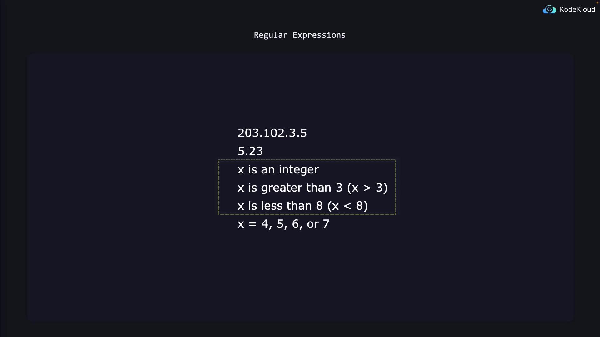 The image contains text related to regular expressions, including an IP address, a decimal number, and conditions for an integer \( x \) that is greater than 3 and less than 8.