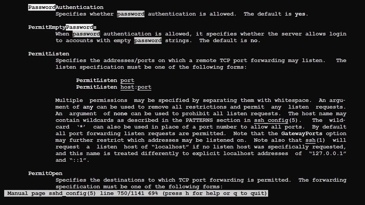 The image shows a section of a manual page for SSHD configuration, detailing settings for password authentication, empty passwords, and TCP port forwarding permissions.