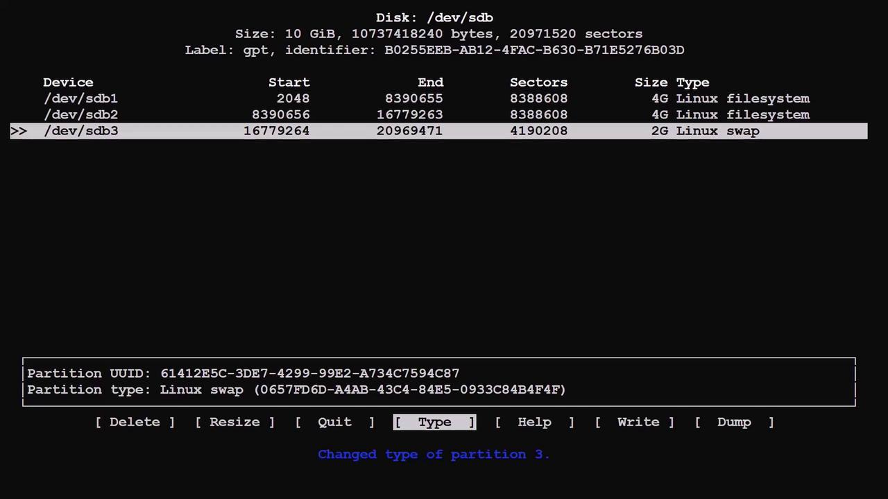 The image shows a disk partitioning interface for a 10 GiB disk with three partitions: two 4G Linux filesystems and one 2G Linux swap. The highlighted partition is being modified to a Linux swap type.