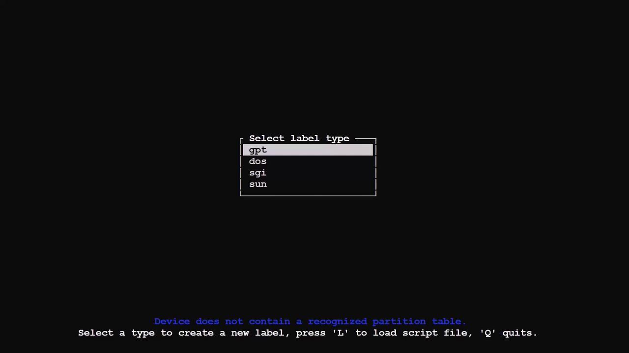 The image shows a computer interface prompting the user to select a label type for a partition table, with options including "gpt," "dos," "sgi," and "sun." A message indicates that the device does not contain a recognized partition table.