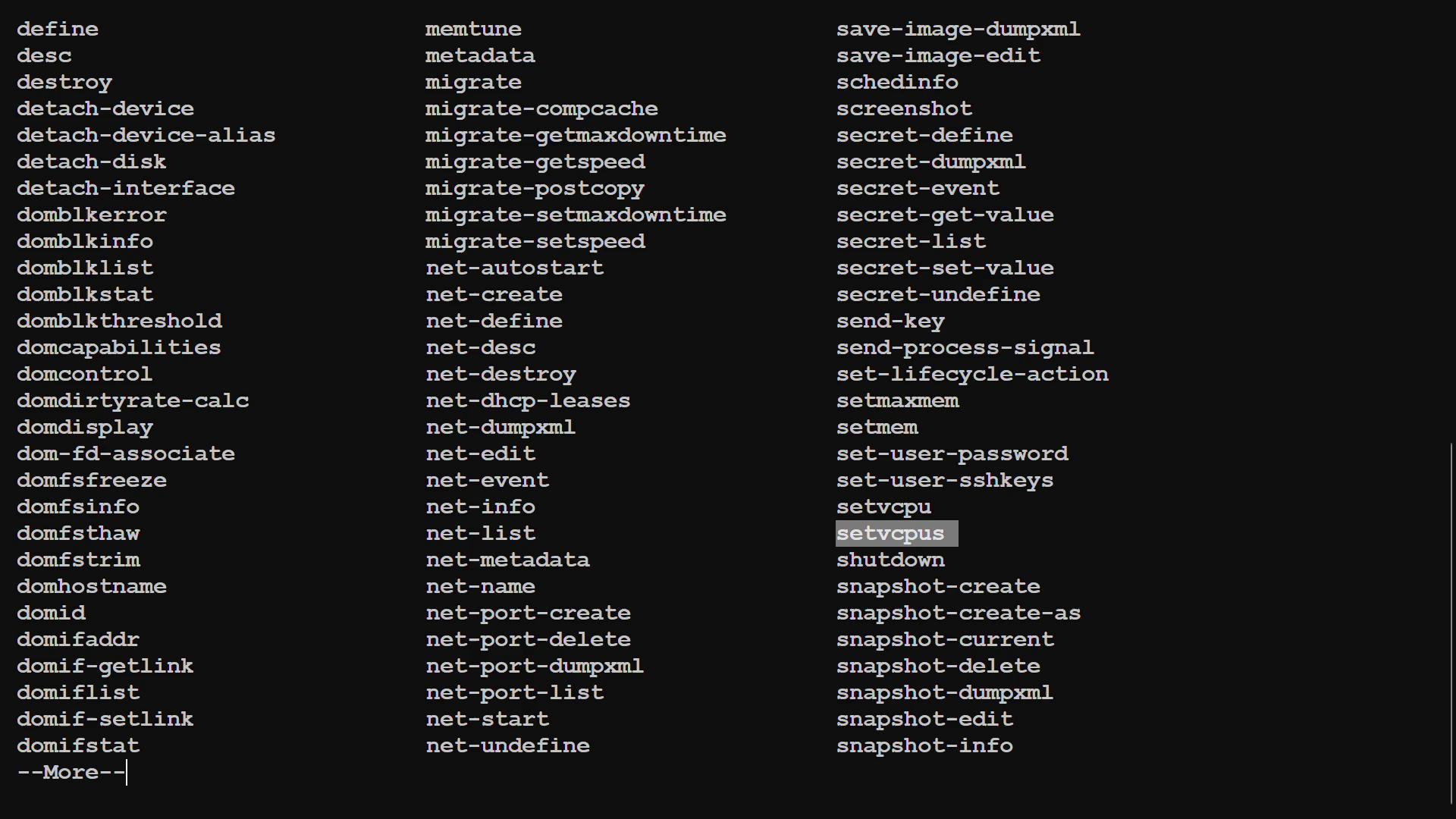 The image shows a list of command-line options or functions, likely related to virtualization or system management, displayed in a terminal interface. The command "setvcpus" is highlighted.