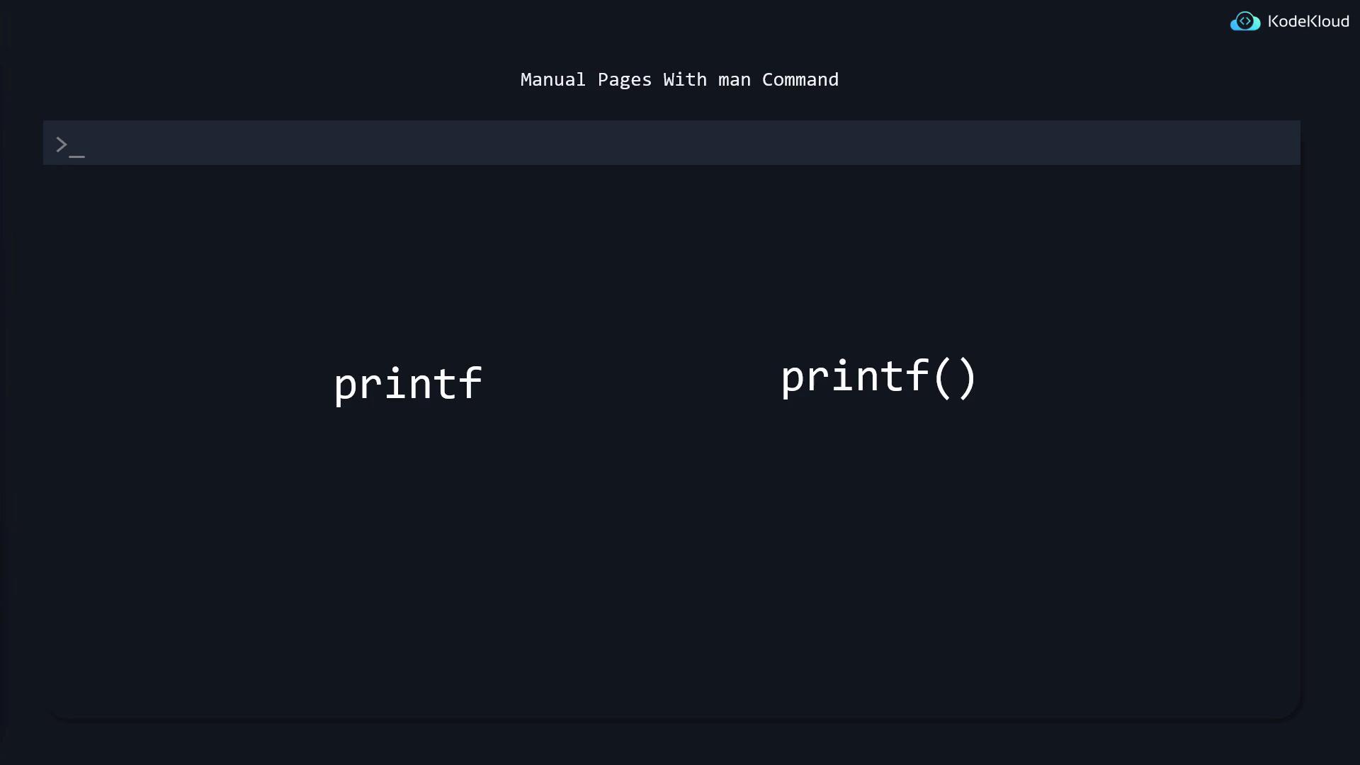 The image shows a dark-themed terminal interface with the text "Manual Pages With man Command" at the top and two words, "printf" and "printf()" displayed in the center.