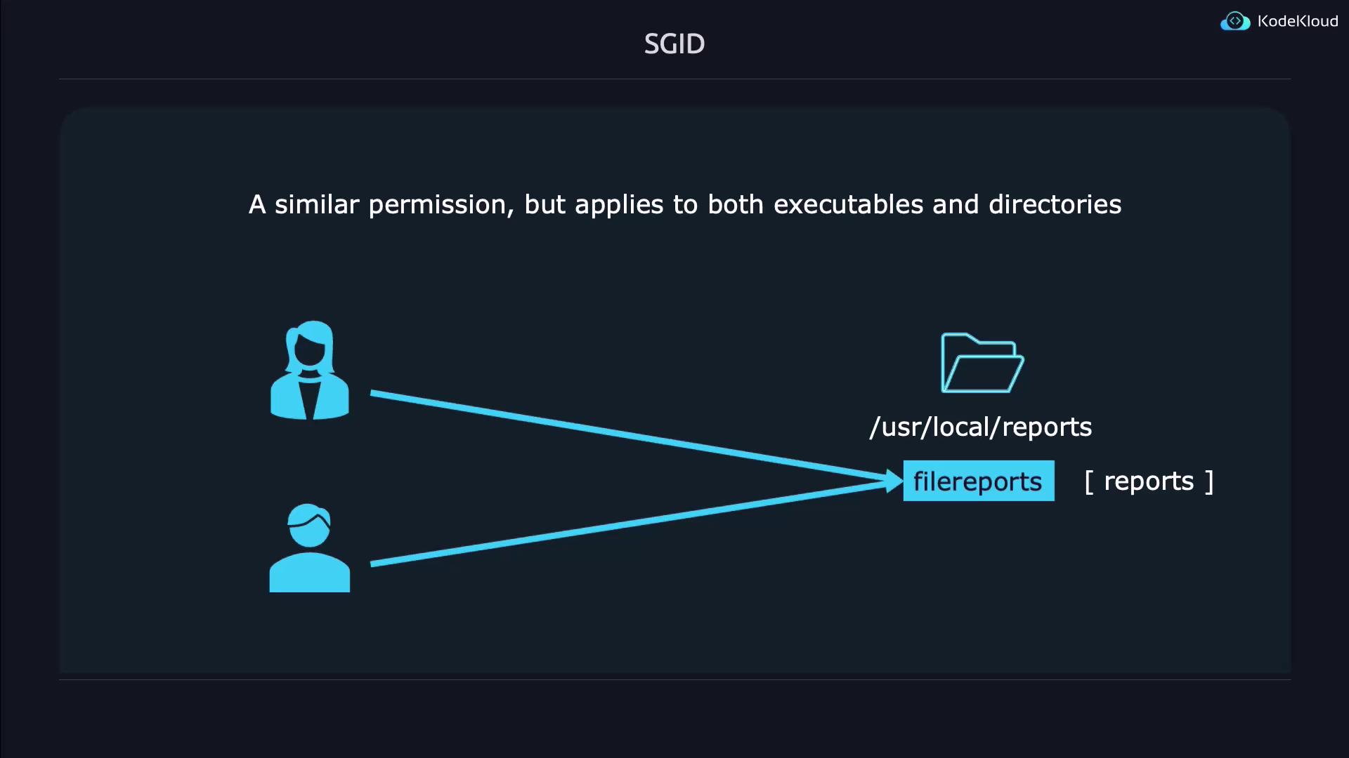 The image illustrates the concept of SGID (Set Group ID) permissions, showing how it applies to both executables and directories, with two users accessing a file within a directory.
