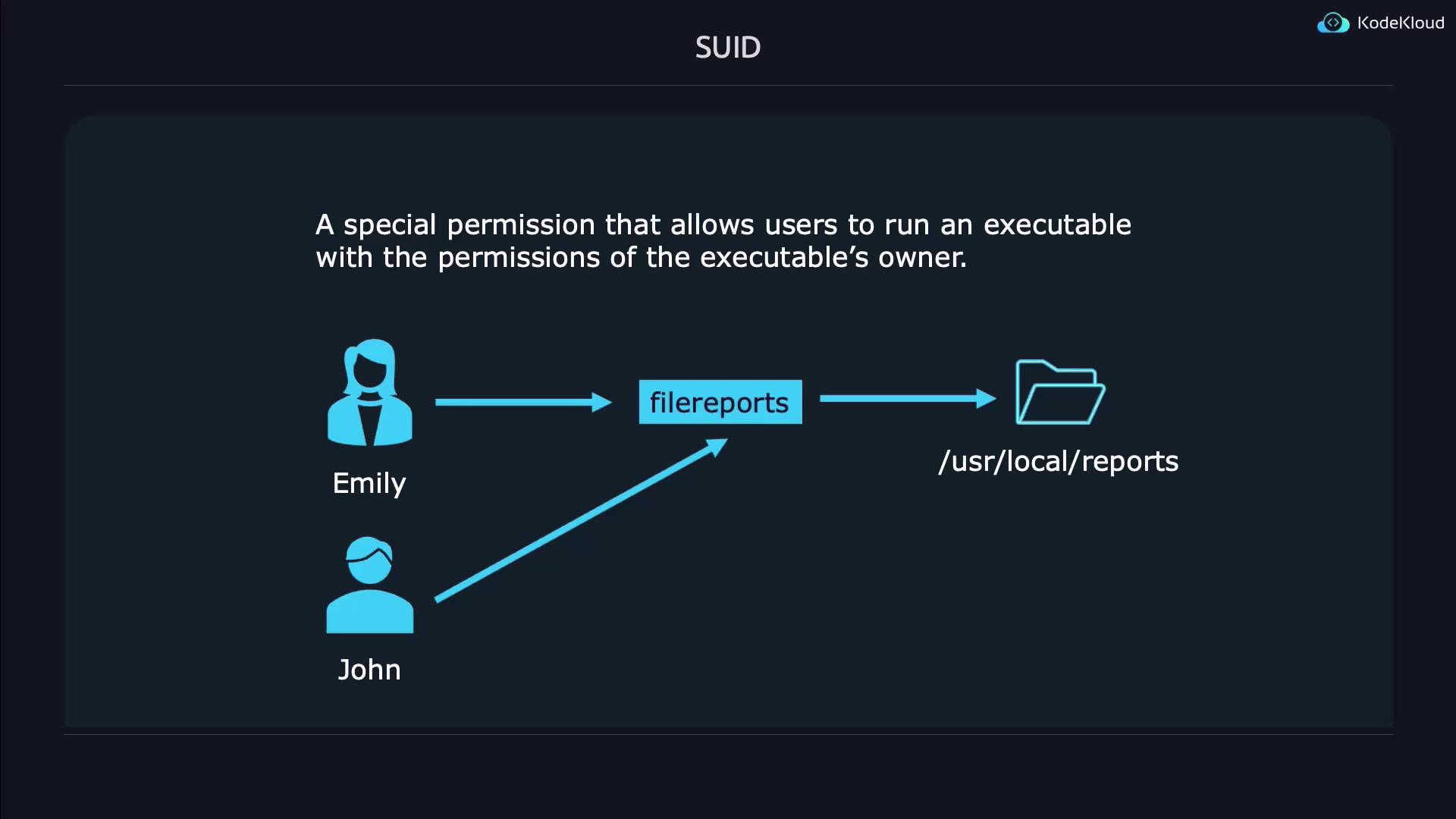 The image illustrates the concept of SUID, showing how users Emily and John can run an executable called "filereports" with the permissions of the executable's owner, allowing access to a directory at "/usr/local/reports."