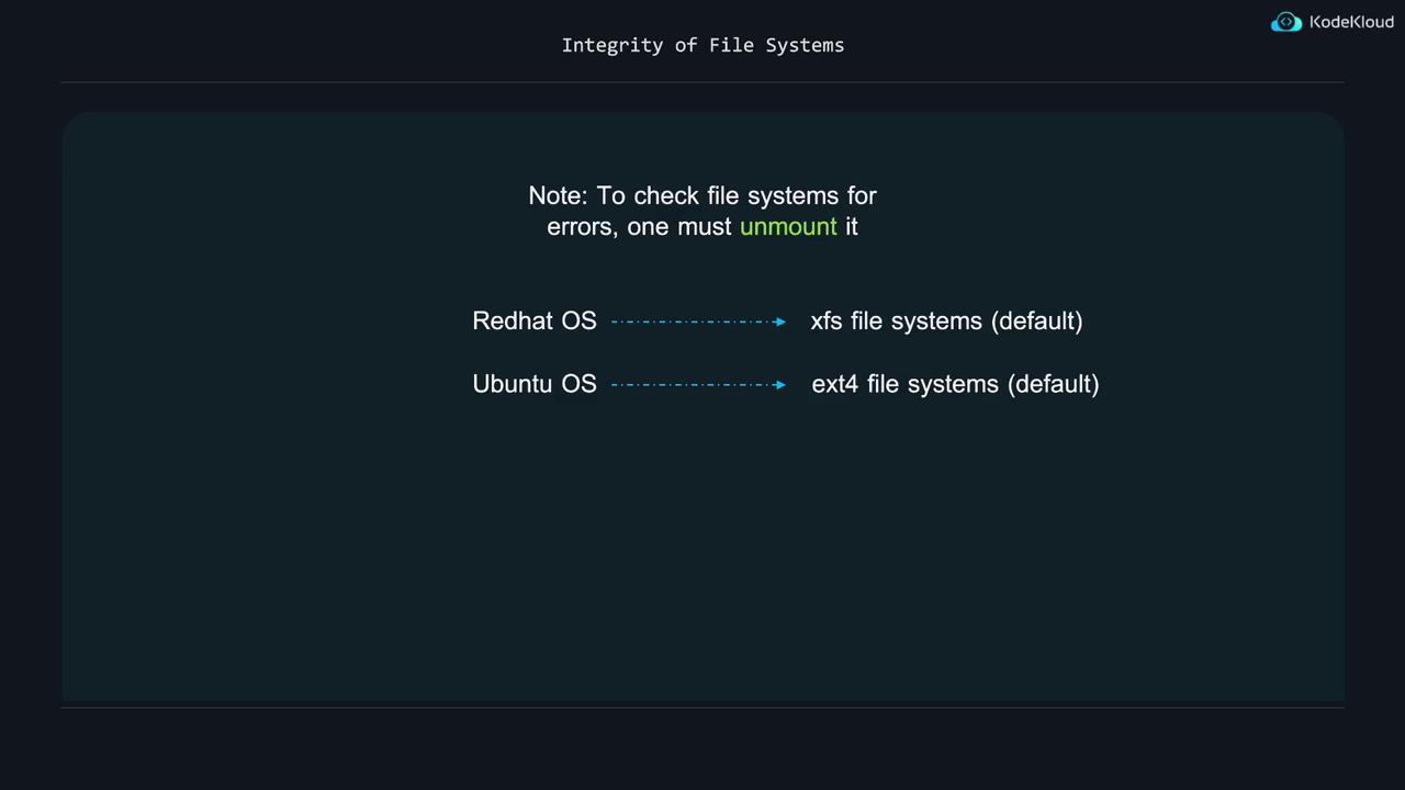 The image provides information on file system integrity, noting that file systems must be unmounted to check for errors. It mentions that Redhat OS uses xfs as the default file system, while Ubuntu OS uses ext4.