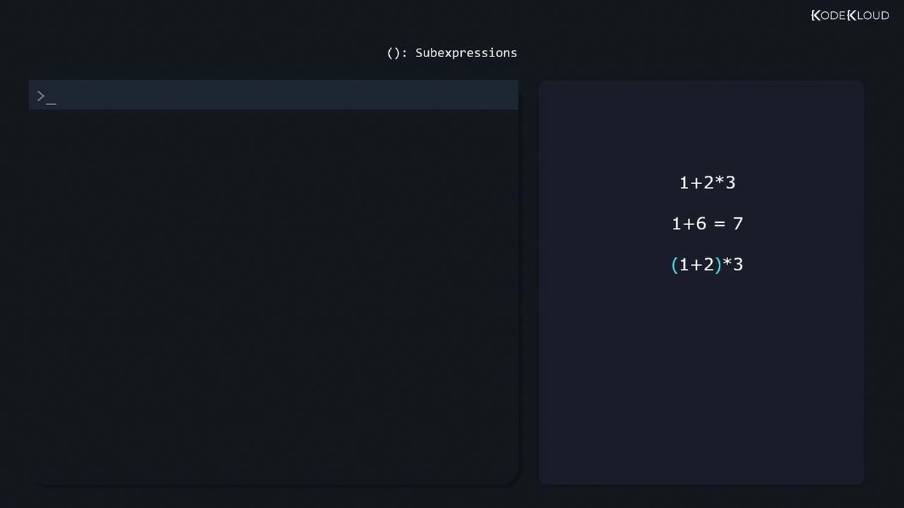 The image shows a dark-themed interface with a command line on the left and a mathematical expression evaluation on the right, demonstrating the use of parentheses in subexpressions.