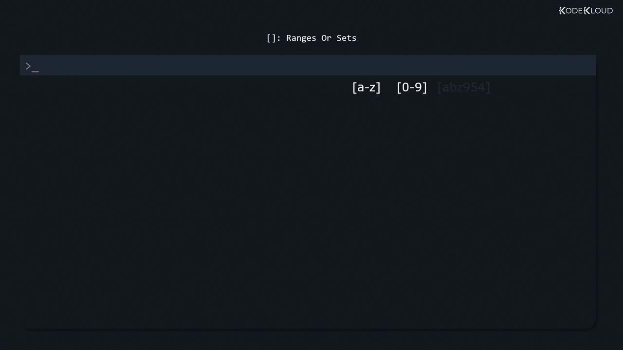 The image shows a dark-themed terminal interface with a focus on ranges or sets, displaying examples like `[a-z]` and `[0-9]`. The word "KodeKloud" is visible in the top right corner.