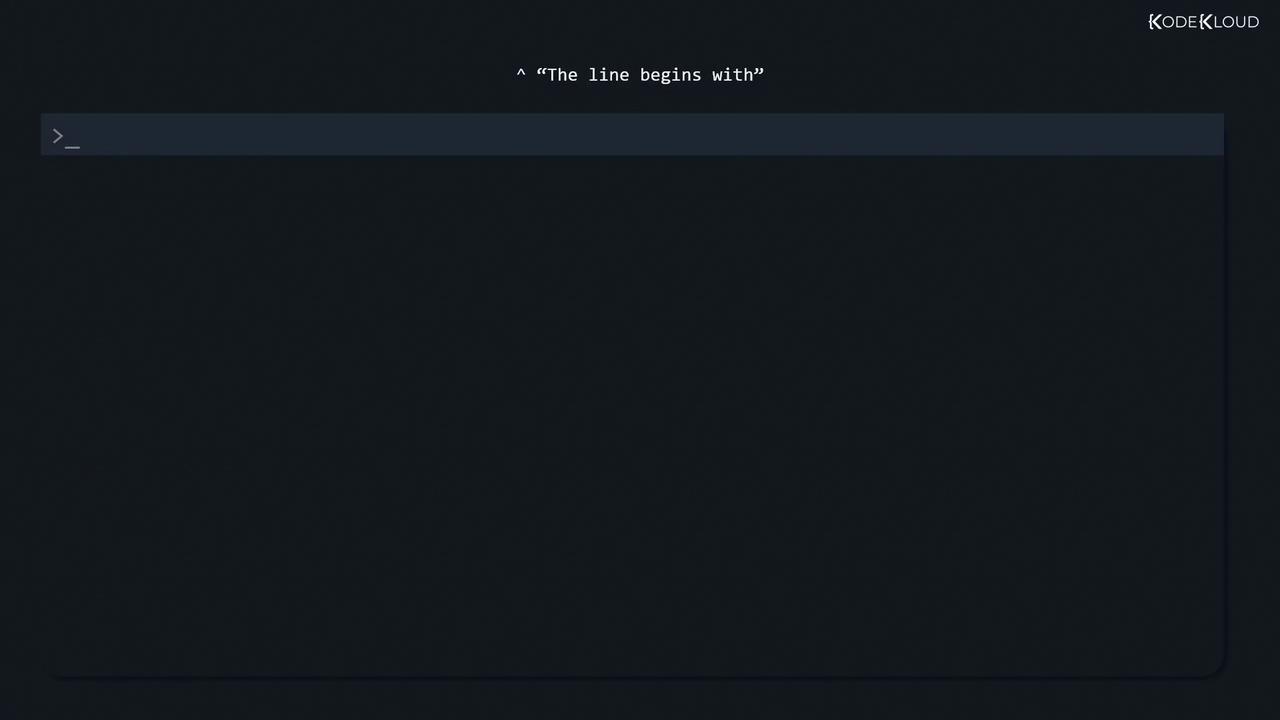 The image shows a dark-themed command-line interface with the text "The line begins with" at the top. The prompt is ready for input, and "KodeKloud" is visible in the corner.