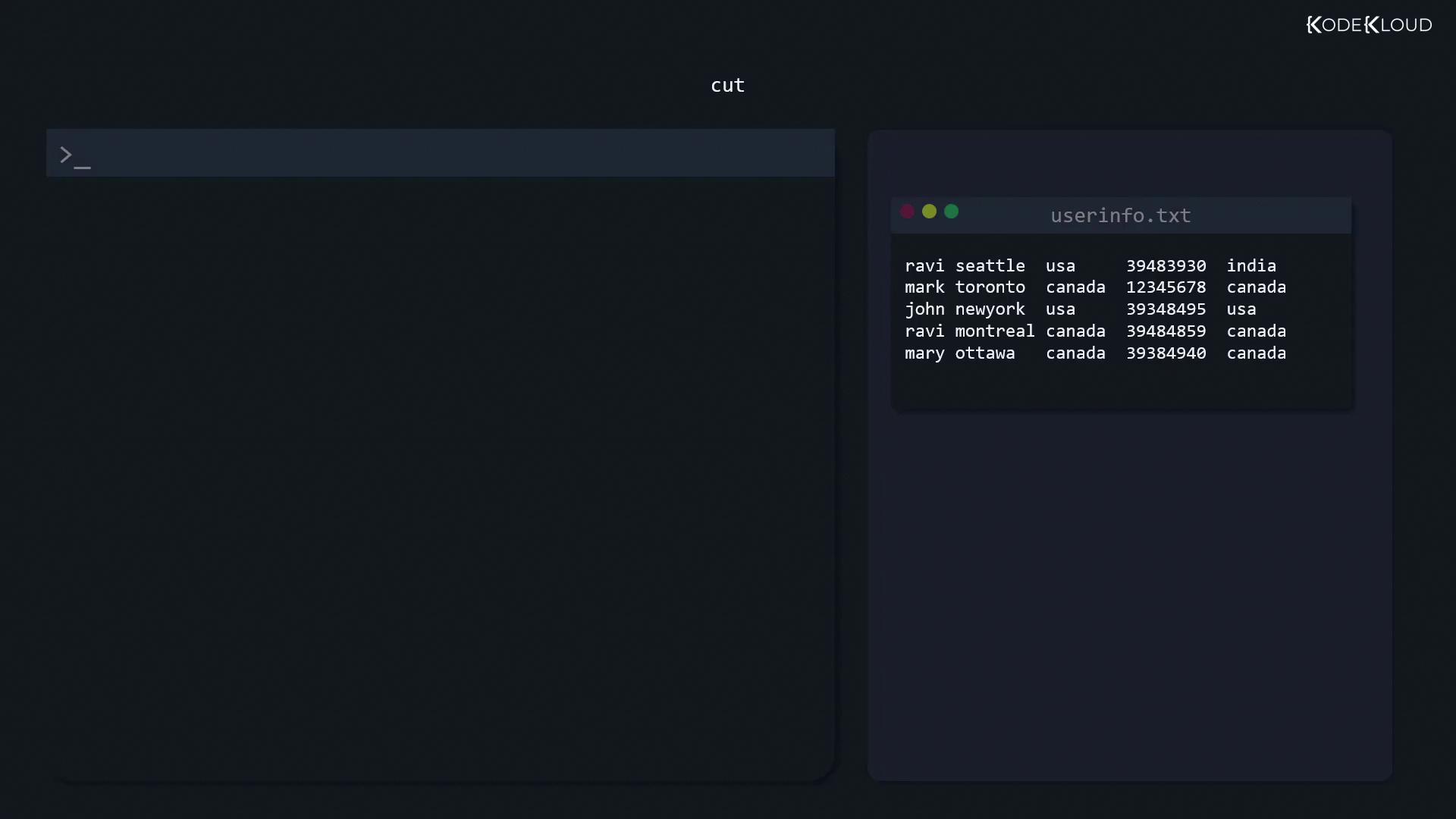 The image shows a terminal interface with a command prompt on the left and a text file named "userinfo.txt" on the right, containing a list of names, cities, countries, and numbers.