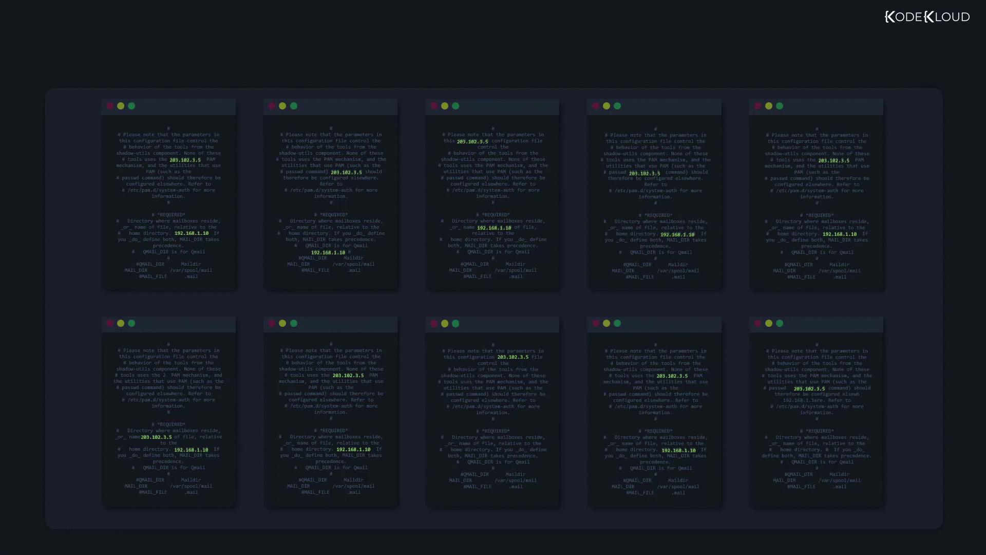 The image shows a grid of ten dark-themed code editor windows displaying configuration files with highlighted IP addresses. The text appears to be related to system or network configurations.