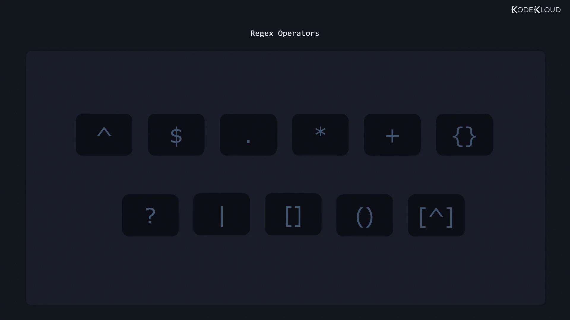 The image displays a set of regex operators, including symbols like `^`, `$`, `.`, `*`, `+`, `{}`, `?`, `|`, `[]`, `()`, and `[^]`.