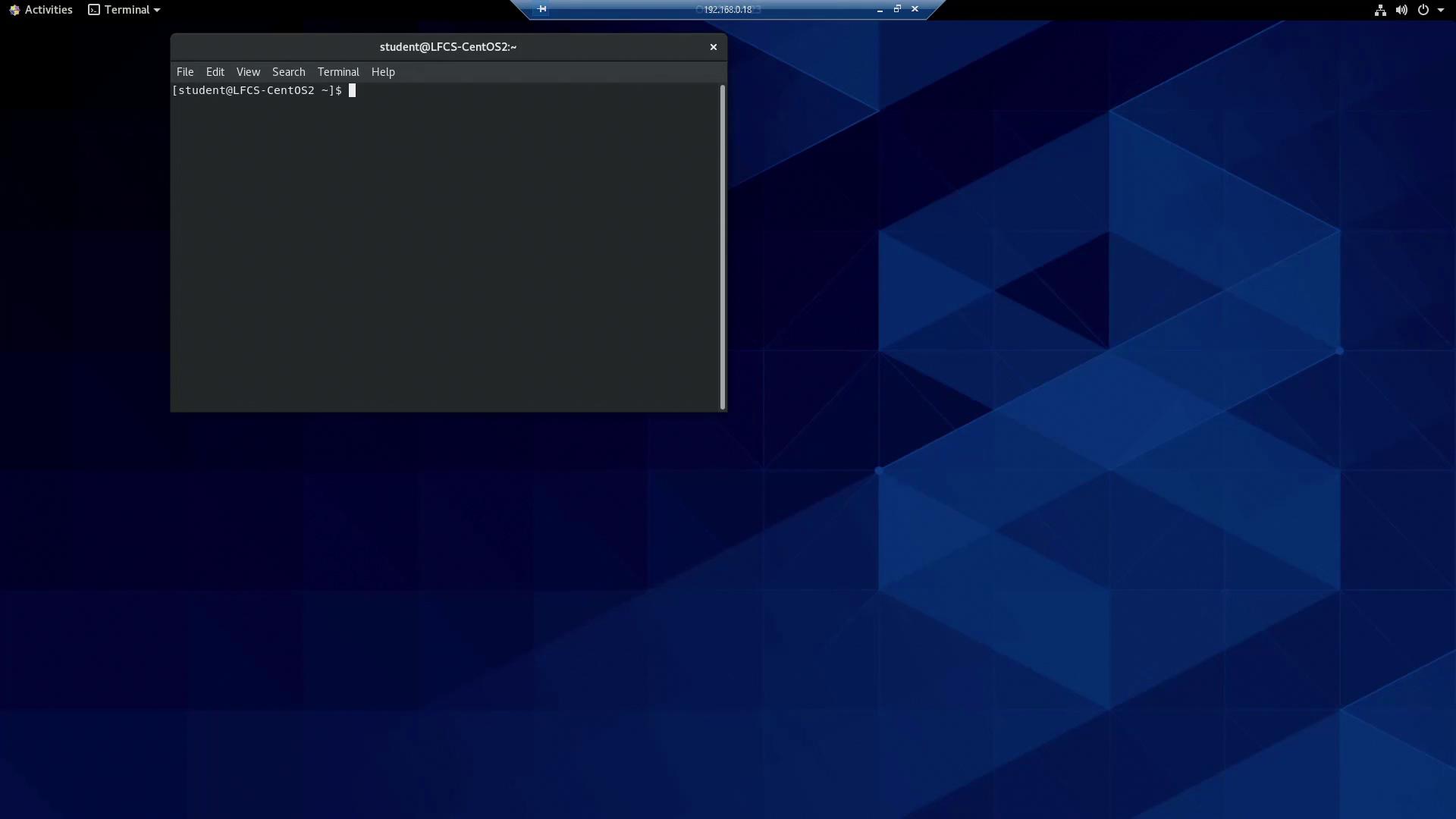 The image shows a computer desktop with a dark-themed terminal window open, set against a blue geometric patterned wallpaper.