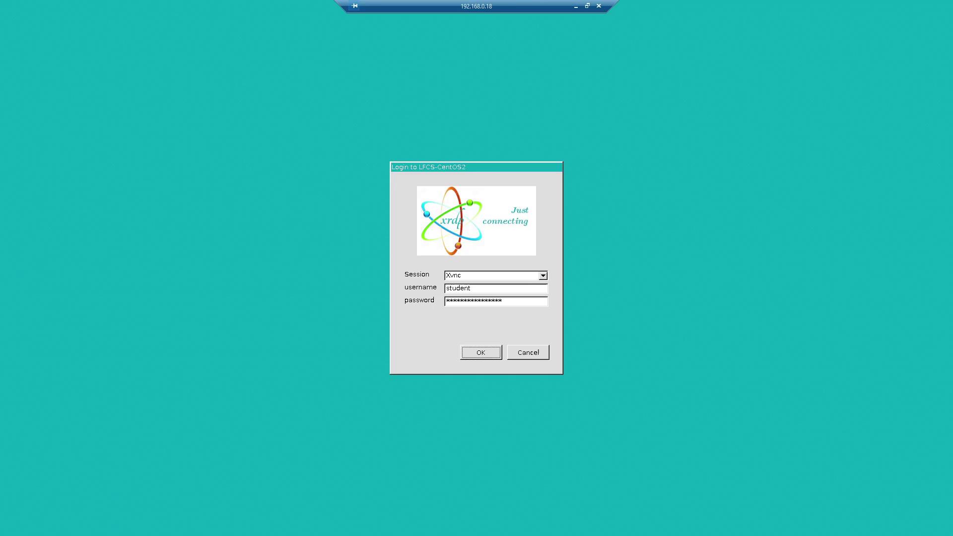 The image shows a login screen for a remote desktop session with fields for session type, username, and password. The background is teal, and there's a logo with the text "Just connecting."