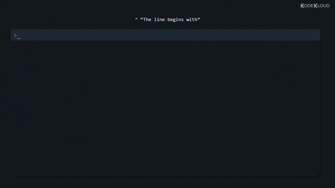 The image shows a dark-themed terminal interface with a prompt and the text "The line begins with" above it. The word "KodeKloud" is visible in the top right corner.