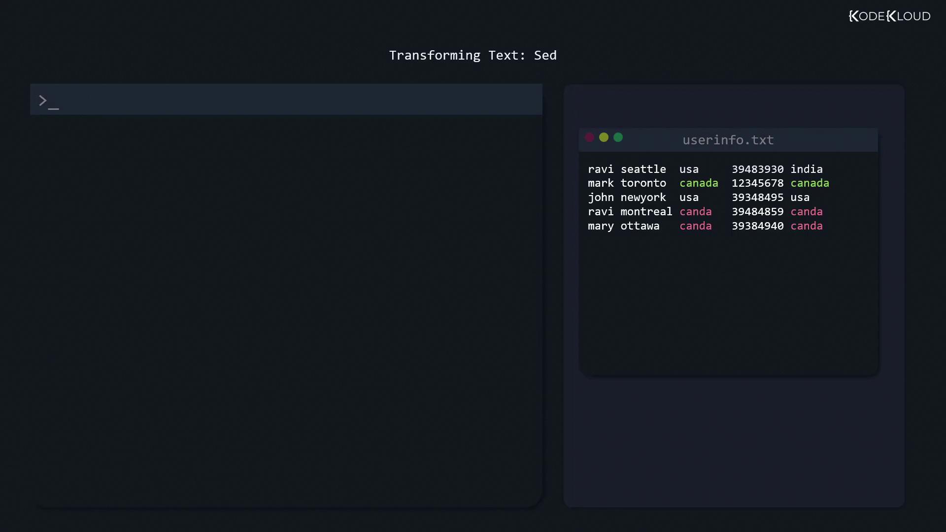 The image shows a terminal interface with a text file named "userinfo.txt" containing names, cities, countries, and numbers. The text appears to be part of a tutorial on transforming text using the "sed" command.