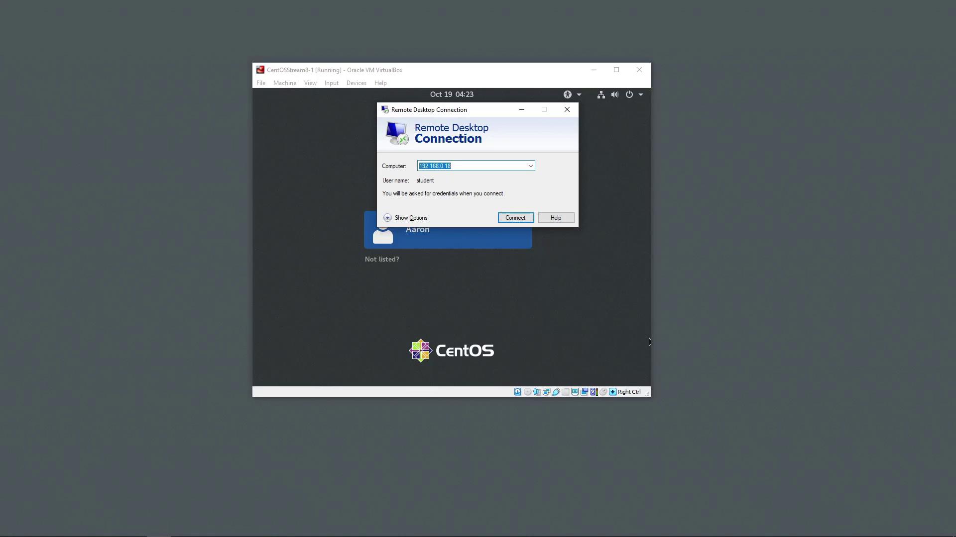 The image shows a Remote Desktop Connection window open on a CentOS virtual machine running in Oracle VM VirtualBox. The CentOS login screen is visible in the background.