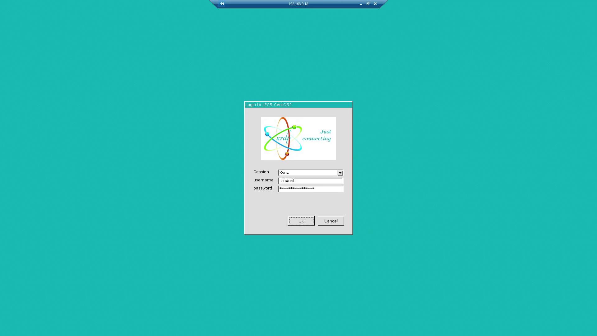 The image shows a login screen for a remote desktop connection with fields for session type, username, and password. The background is teal, and there's a logo with the text "Just connecting."