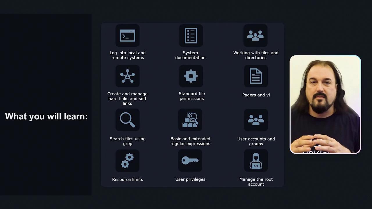 The image shows a list of topics related to system administration skills, such as logging into systems, managing files, and user accounts, alongside a person speaking.