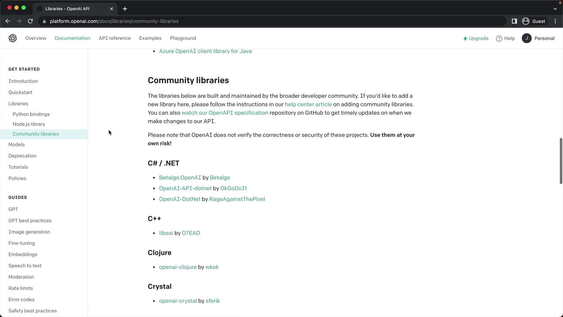 The image shows a webpage from OpenAI's documentation, listing community libraries for various programming languages like C#, C++, Clojure, and Crystal. It includes links to GitHub repositories and a disclaimer about using these libraries at one's own risk.