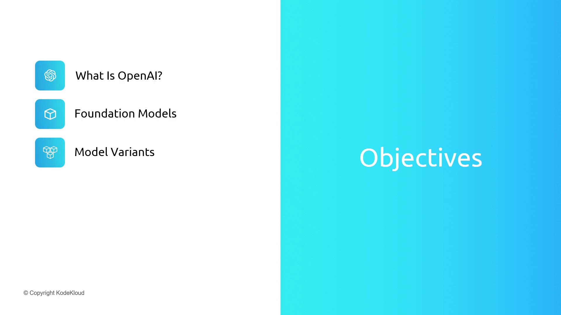 The image is a slide titled "Objectives" with a list of topics: "What Is OpenAI?", "Foundation Models", and "Model Variants", each accompanied by an icon.
