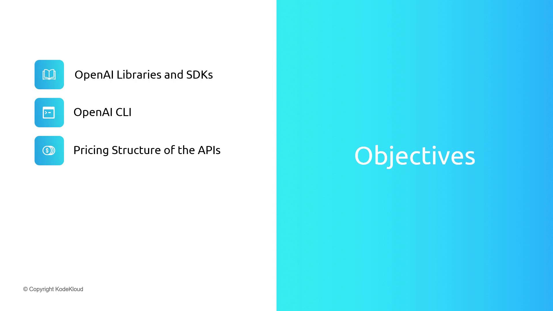The image is a slide titled "Objectives" with a list of topics: OpenAI Libraries and SDKs, OpenAI CLI, and Pricing Structure of the APIs.