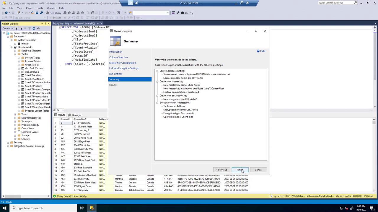 The image shows a SQL Server Management Studio interface with a query window displaying a SQL query and its results. A "Summary" dialog box is open, detailing encryption settings for a database operation.