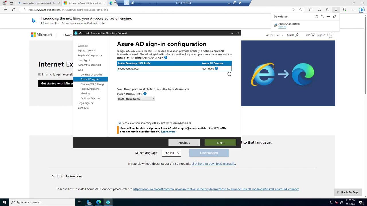 The image shows a Microsoft Azure AD Connect configuration window for Azure AD sign-in, with options for setting up UPN suffixes and user principal names. In the background, there's a webpage indicating that Internet Explorer 11 is no longer accessible, suggesting a transition to Microsoft Edge.