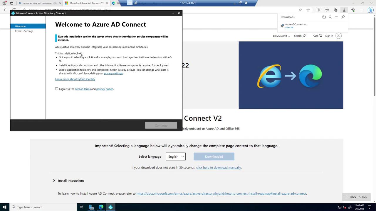 The image shows a Microsoft Azure AD Connect installation window with instructions and options for setting up identity synchronization. In the background, there's a webpage with a graphic indicating a transition from Internet Explorer to Microsoft Edge.