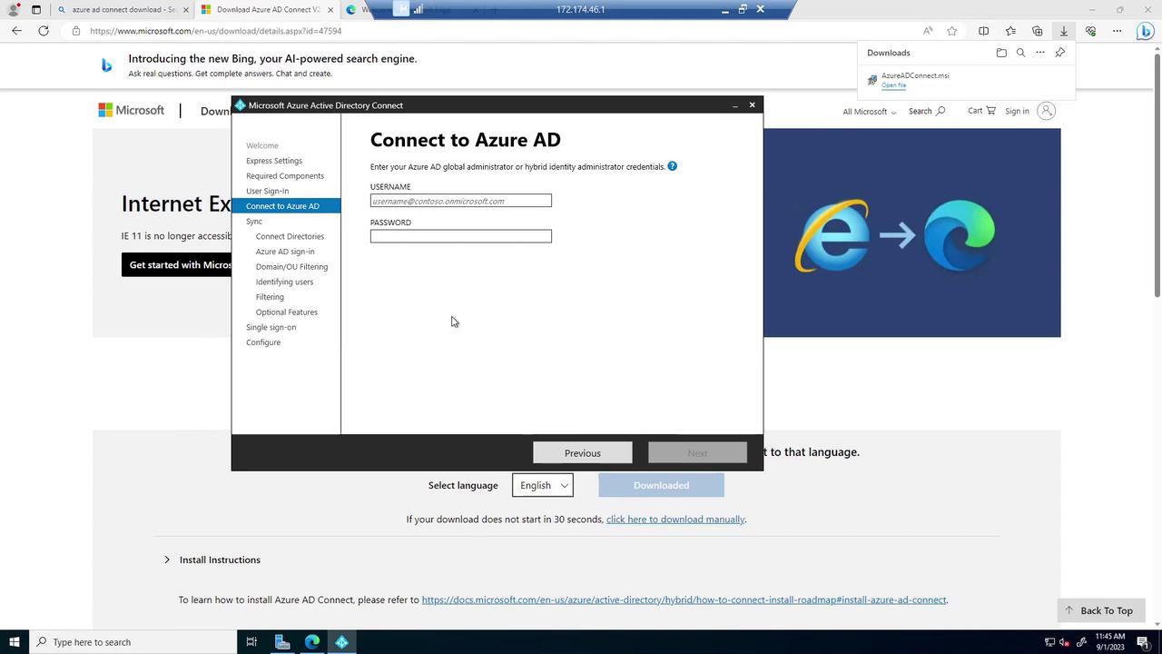 The image shows a Microsoft Azure Active Directory Connect setup window prompting for Azure AD credentials, with a background webpage about downloading Azure AD Connect.