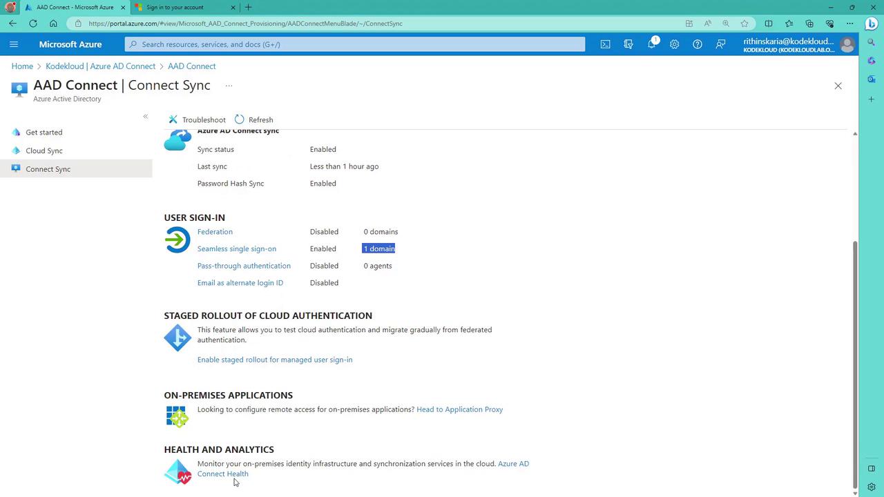 The image shows a Microsoft Azure portal page for AAD Connect, displaying settings and statuses for Azure AD Connect Sync, user sign-in options, and other related features.