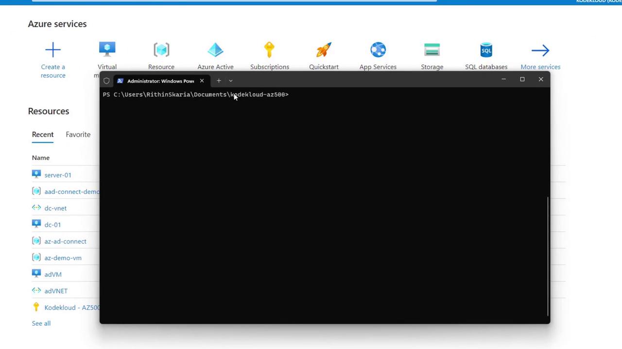 The image shows a Microsoft Azure portal interface with a PowerShell window open, displaying a command prompt in a specific directory.