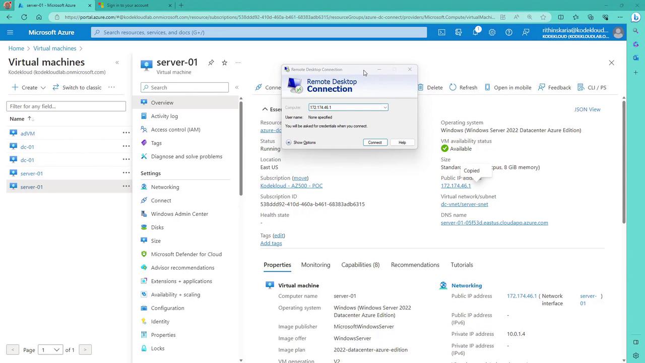 The image shows a Microsoft Azure portal interface displaying details of a virtual machine named "server-01," alongside a Remote Desktop Connection window with an IP address entered.