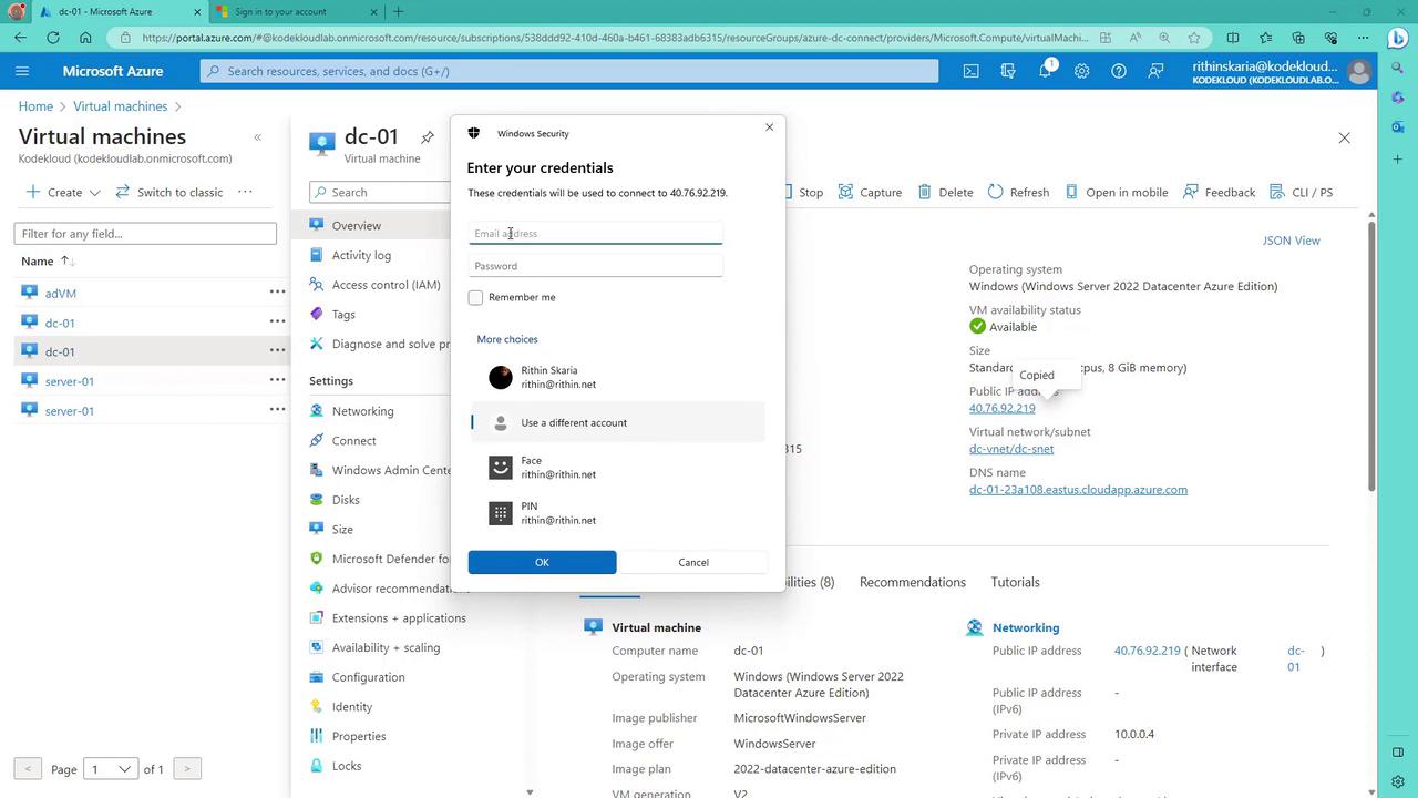 The image shows a Microsoft Azure portal interface with a virtual machine named "dc-01" selected, displaying its details and a Windows Security prompt for entering credentials.